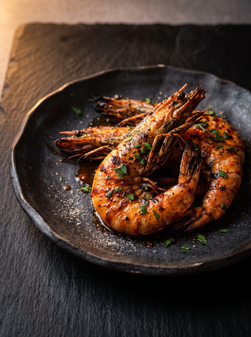 Charcoal prawns glazed in Aleppo pepper butter