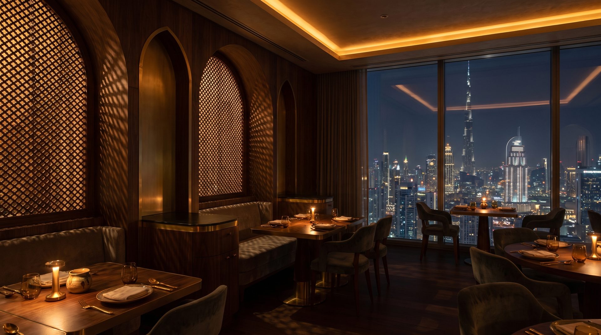 The dining room of SAHAB at night — brass, arches and firelight above the Dubai skyline
